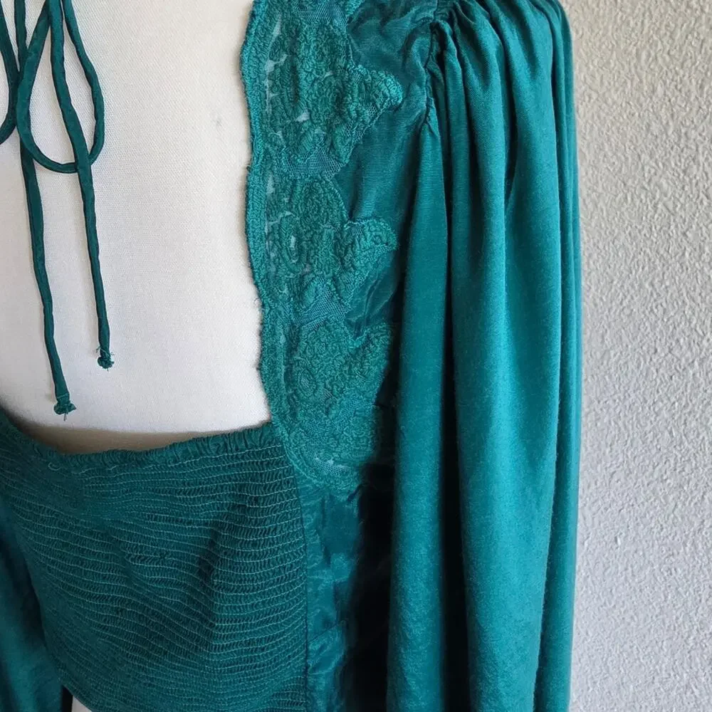 #498 Free People Teal Knit Top with Lace Detail